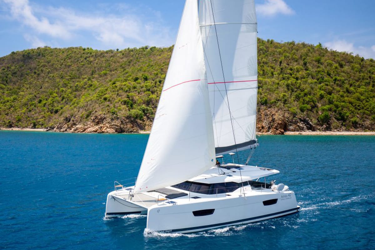 Exterior view of Osaya, a Fountaine Pajot Astréa 42 catamaran at Fethiye, Turkey