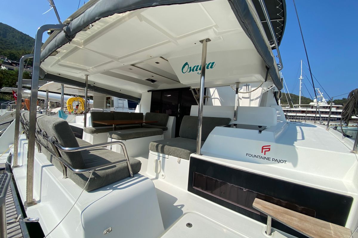 Deck of Osaya, a Fountaine Pajot Astréa 42 catamaran at Fethiye, Turkey
