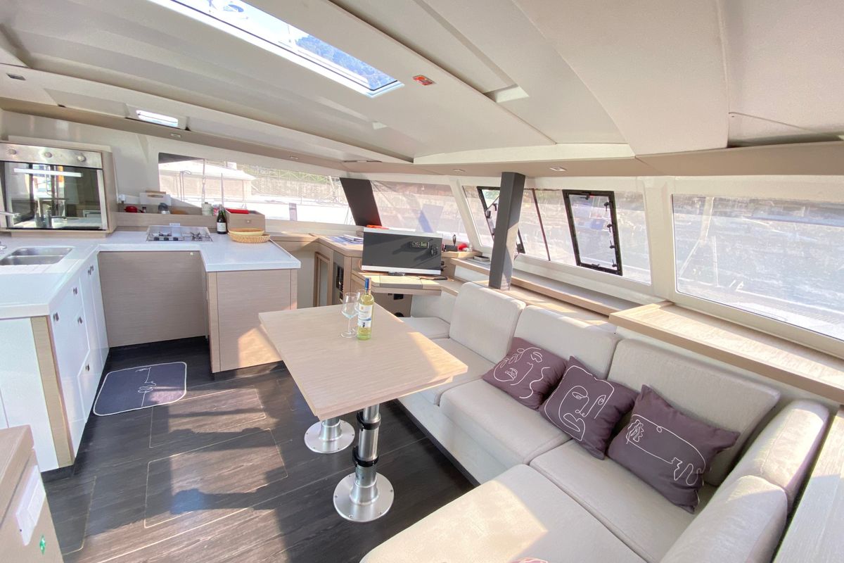 Salon of Osaya, a Fountaine Pajot Astréa 42 catamaran at Fethiye, Turkey