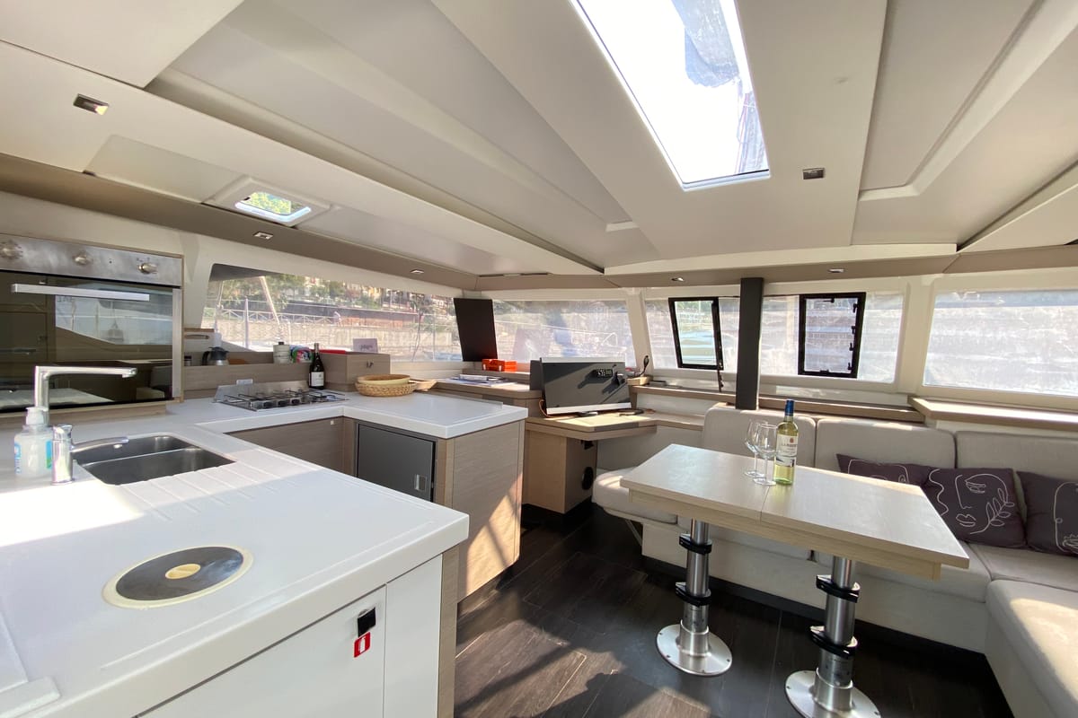 Galley of Osaya, a Fountaine Pajot Astréa 42 catamaran at Fethiye, Turkey