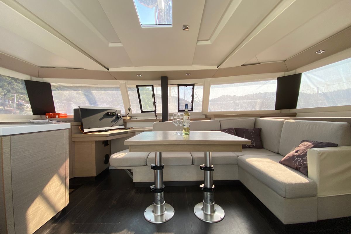 Salon of Osaya, a Fountaine Pajot Astréa 42 catamaran at Fethiye, Turkey