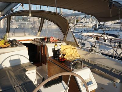 Cockpit of Lina, a Bavaria Cruiser 51 sailboat at Athens, Greece
