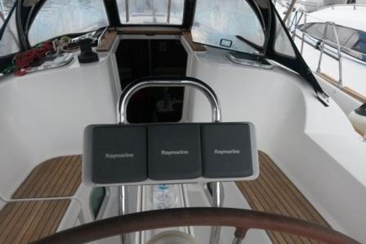 Cockpit of Katrina, a Jeanneau Sun Odyssey 36i sailboat at Municipal Unit of Elefsina, Greece