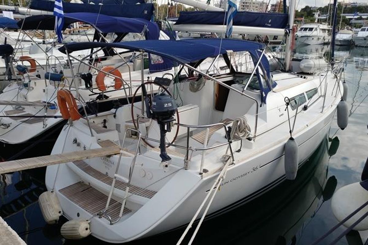 Exterior view of Katrina, a Jeanneau Sun Odyssey 36i sailboat at Municipal Unit of Elefsina, Greece