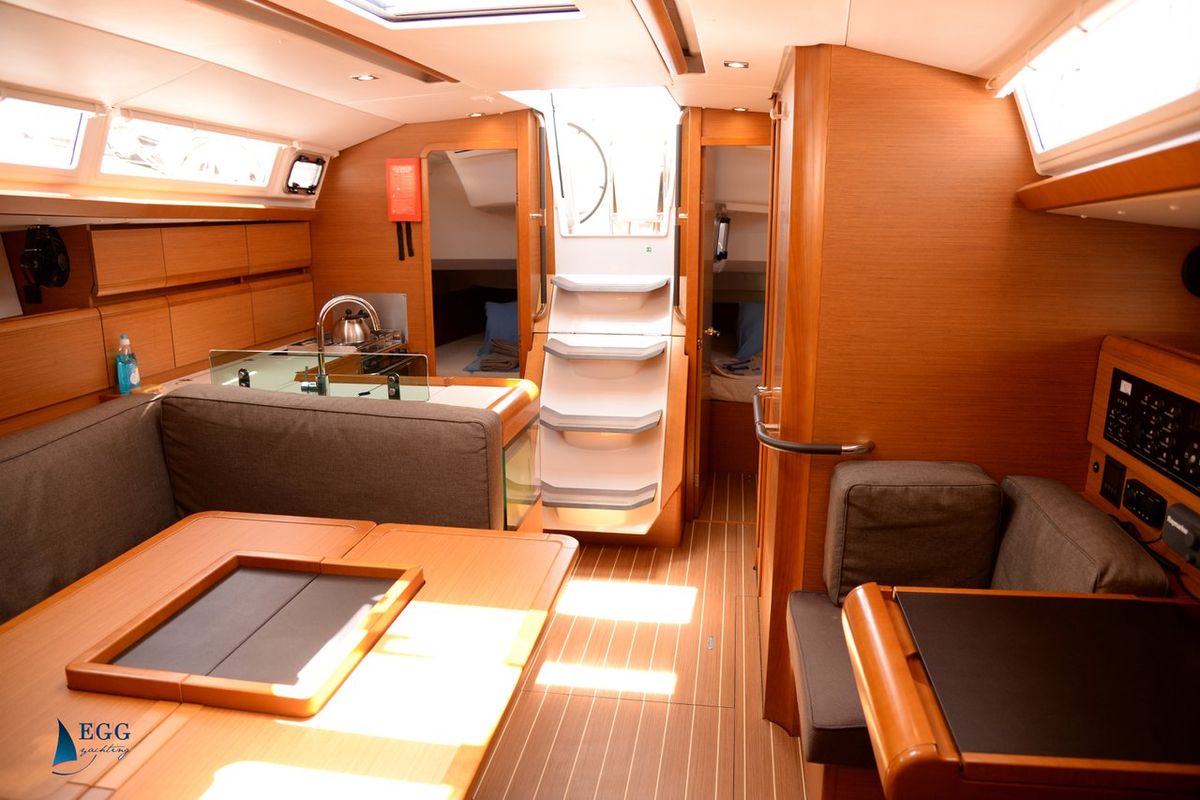 Salon of Feeling Fine, a Jeanneau Sun Odyssey 419 sailboat at Fethiye, Turkey