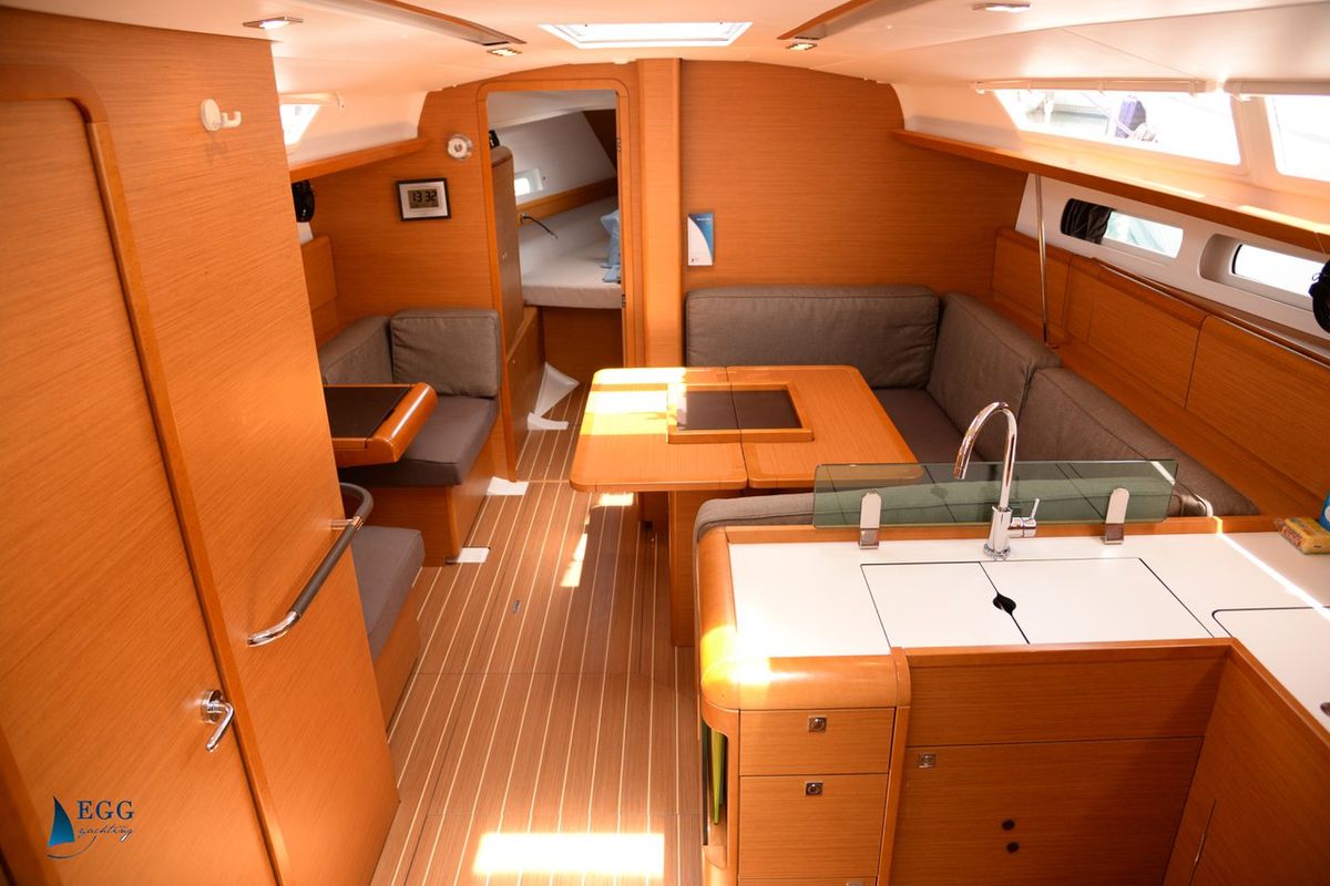 Salon of Feeling Fine, a Jeanneau Sun Odyssey 419 sailboat at Fethiye, Turkey