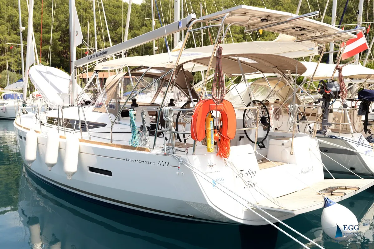 Exterior view of Feeling Fine, a Jeanneau Sun Odyssey 419 sailboat at Fethiye, Turkey