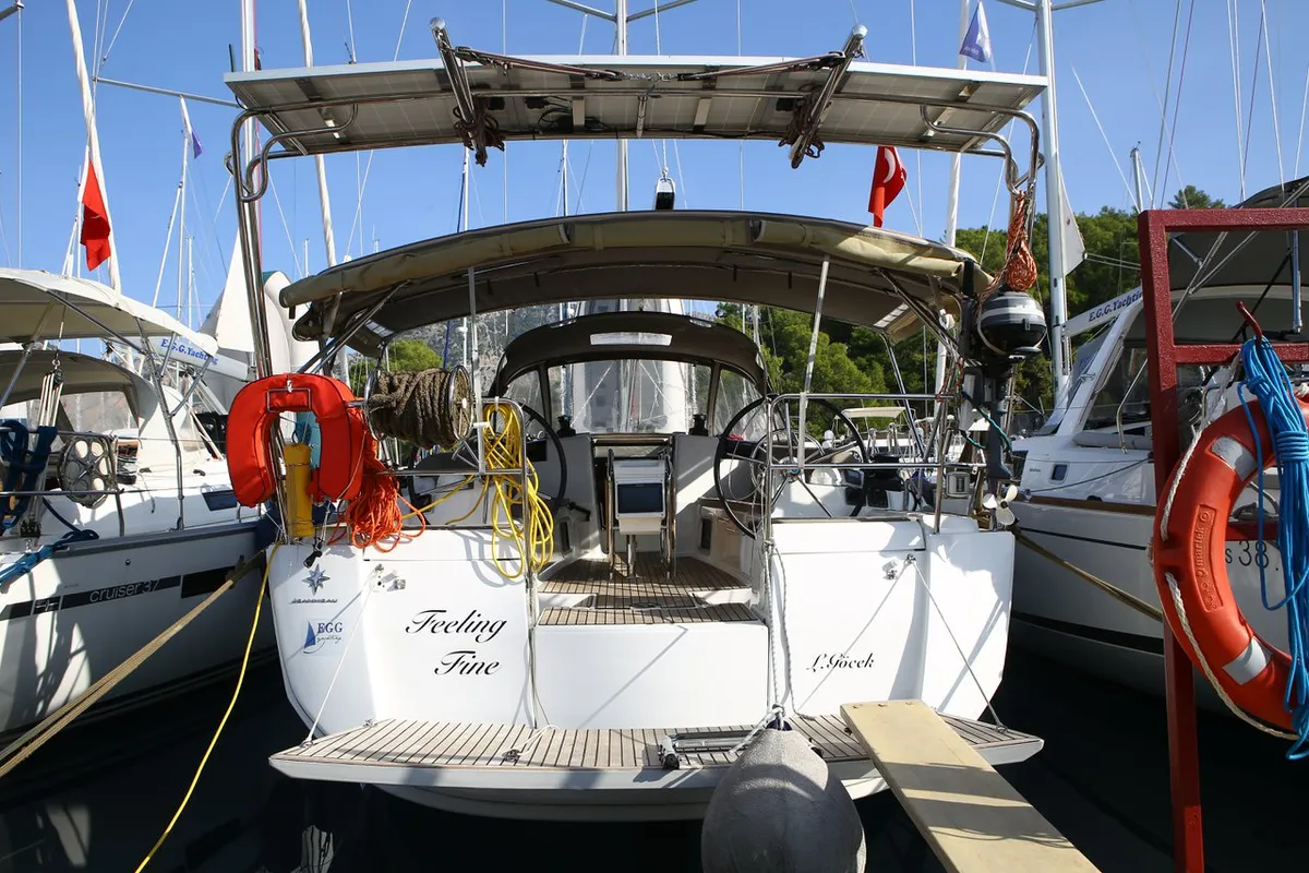 Exterior view of Feeling Fine, a Jeanneau Sun Odyssey 419 sailboat at Fethiye, Turkey