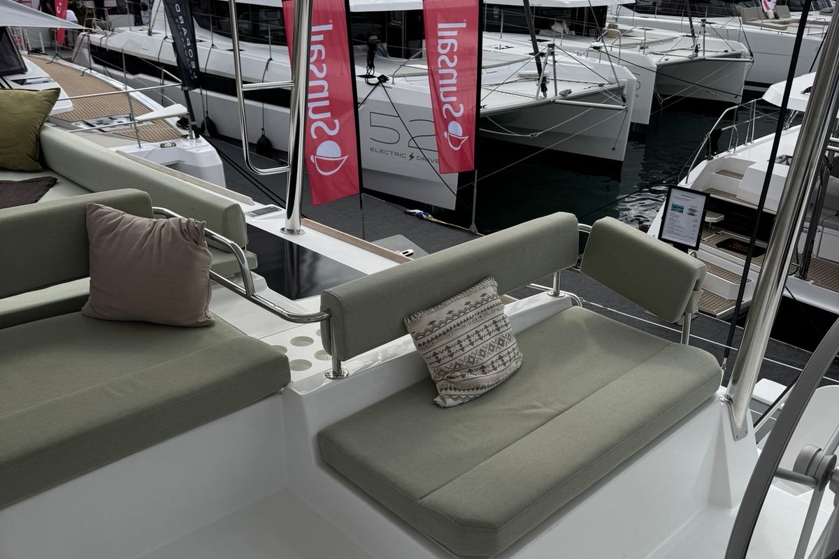 Deck of Katalea, a Bali 4.6 catamaran at Municipal Unit of Lefkada, Greece