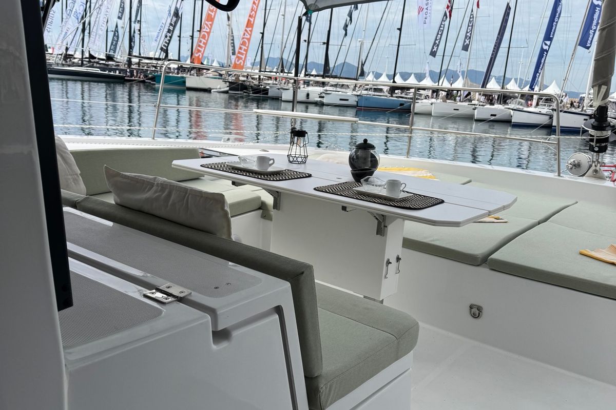 Deck of Katalea, a Bali 4.6 catamaran at Municipal Unit of Lefkada, Greece
