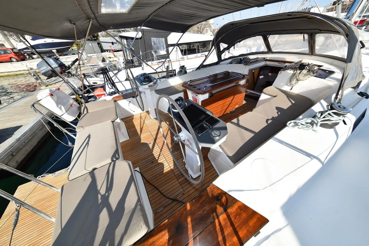 Deck of Fat Boy, a Bavaria Cruiser 56 sailboat at Zadar, Croatia