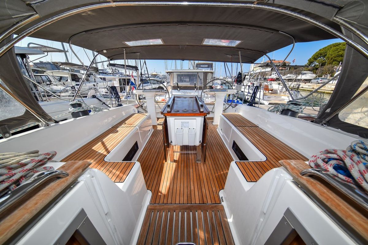 Deck of Fat Boy, a Bavaria Cruiser 56 sailboat at Zadar, Croatia