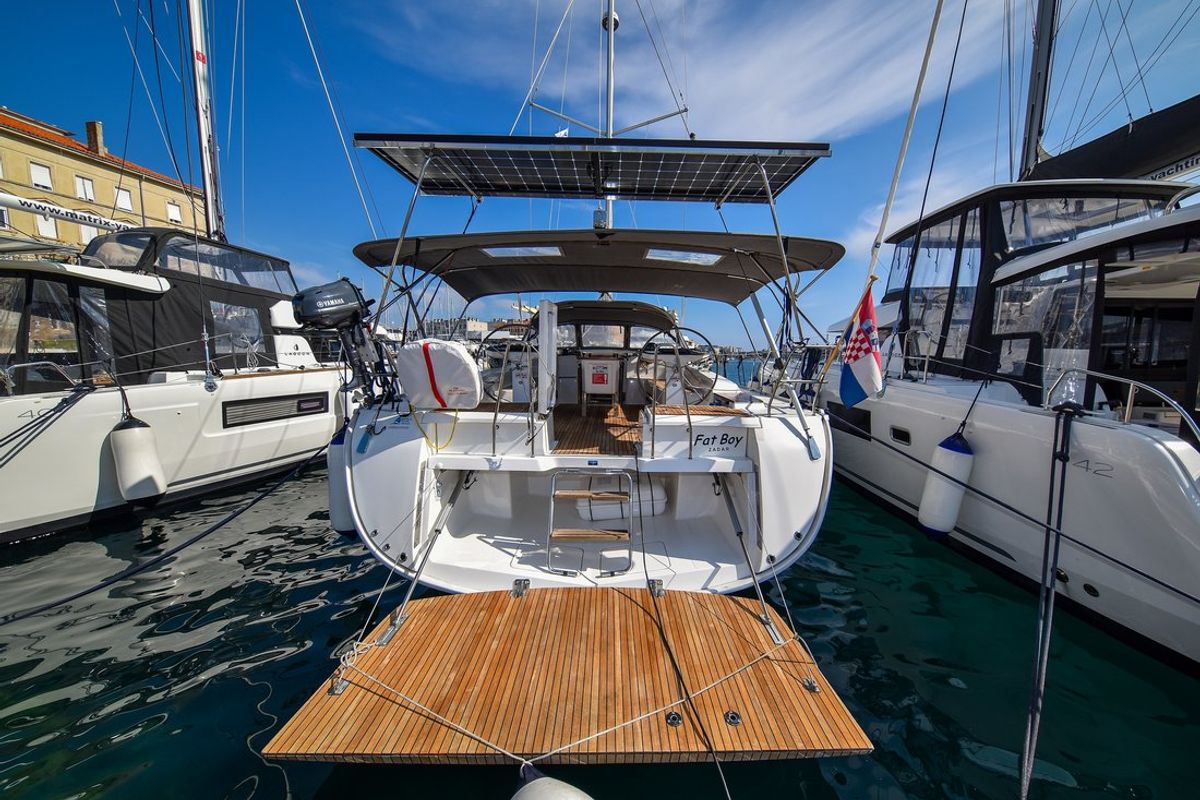 Exterior view of Fat Boy, a Bavaria Cruiser 56 sailboat at Zadar, Croatia