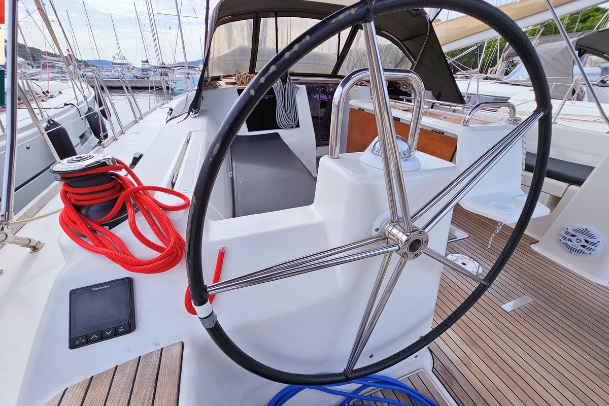 Cockpit of Katajina AC/Gen, a Dufour 460 Grand Large sailboat at Općina Rogoznica, Croatia