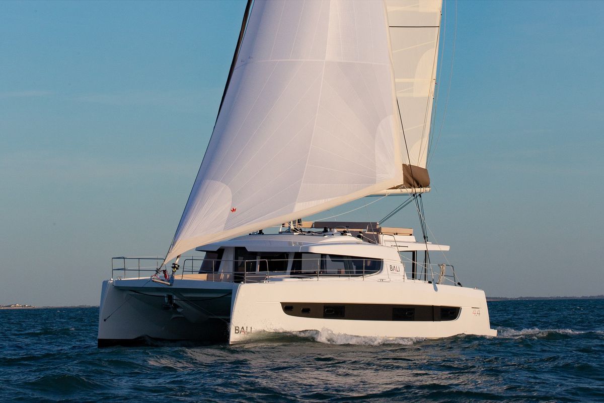 Exterior view of Emmelia, a Bali 4.4 catamaran at Athens, Greece