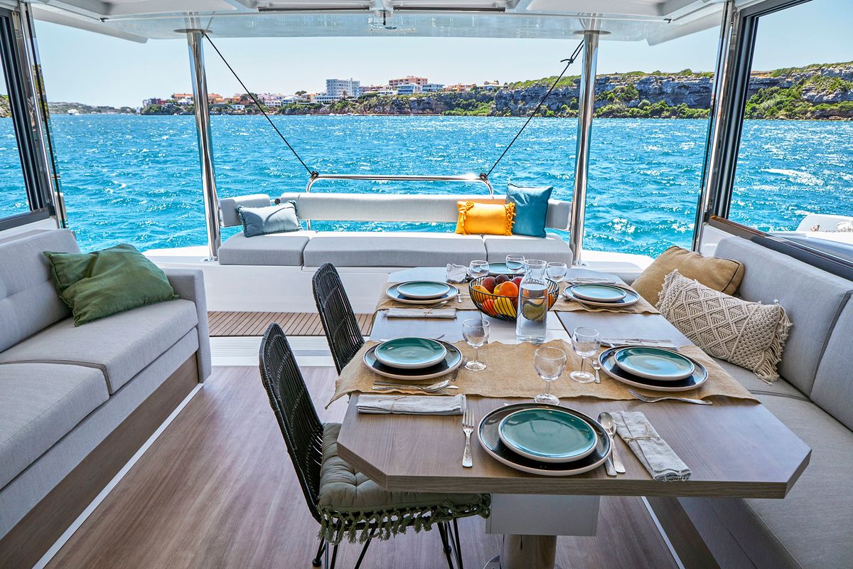 Deck of Emmelia, a Bali 4.4 catamaran at Athens, Greece