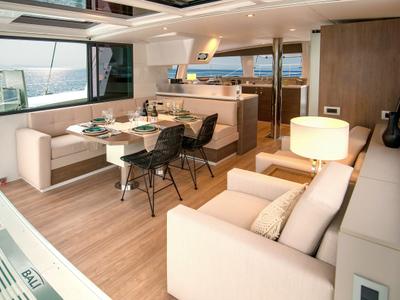 Salon of Emmelia, a Bali 4.4 catamaran at Athens, Greece
