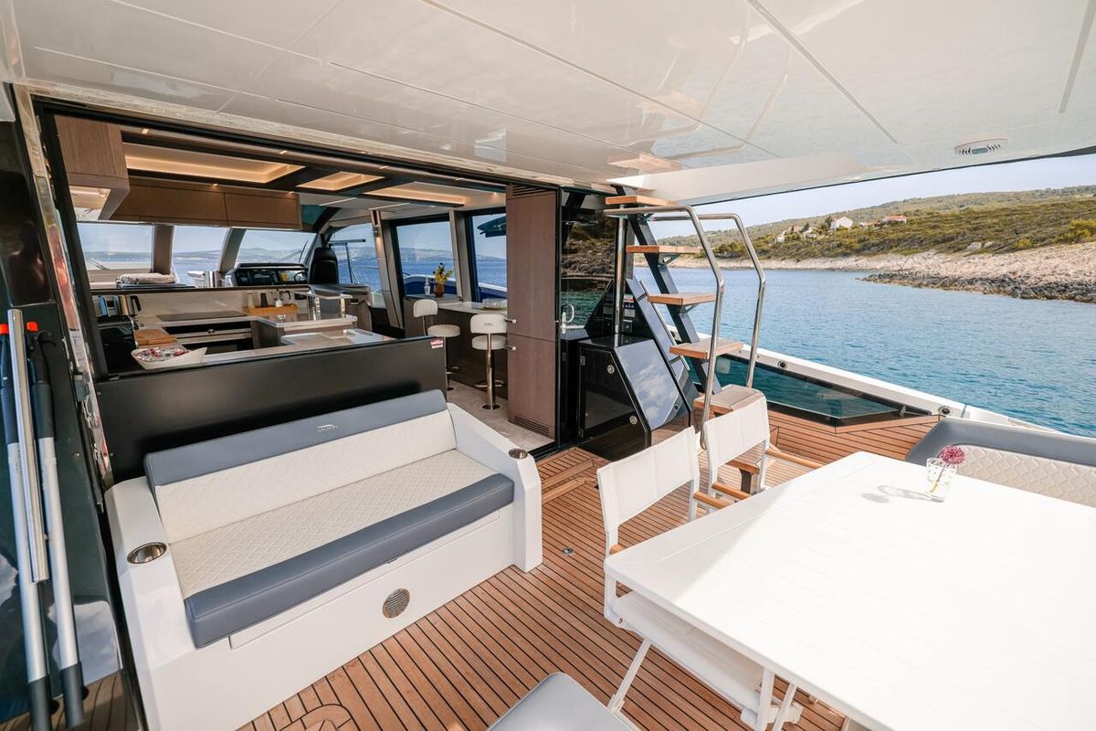 Deck of FGstar, a Galeon 640 Fly yacht at Seget Donji, Croatia