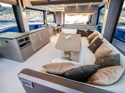 Salon of FGstar, a Galeon 640 Fly yacht at Seget Donji, Croatia