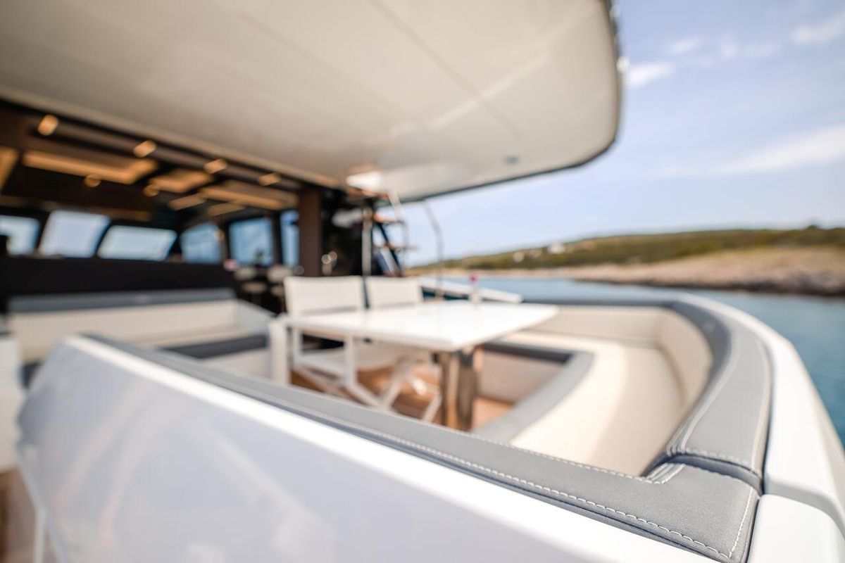 Deck of FGstar, a Galeon 640 Fly yacht at Seget Donji, Croatia