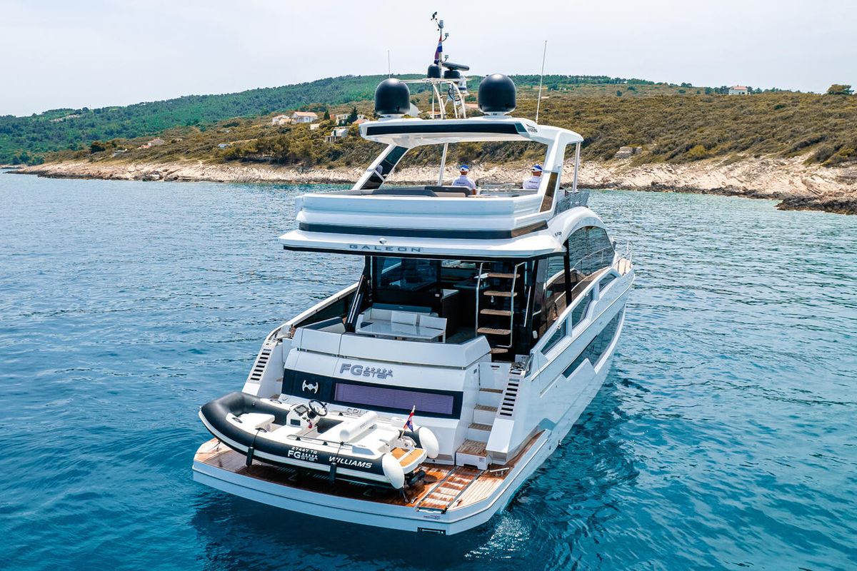 Exterior view of FGstar, a Galeon 640 Fly yacht at Seget Donji, Croatia