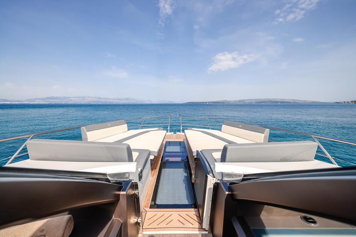 Deck of FGstar, a Galeon 640 Fly yacht at Seget Donji, Croatia