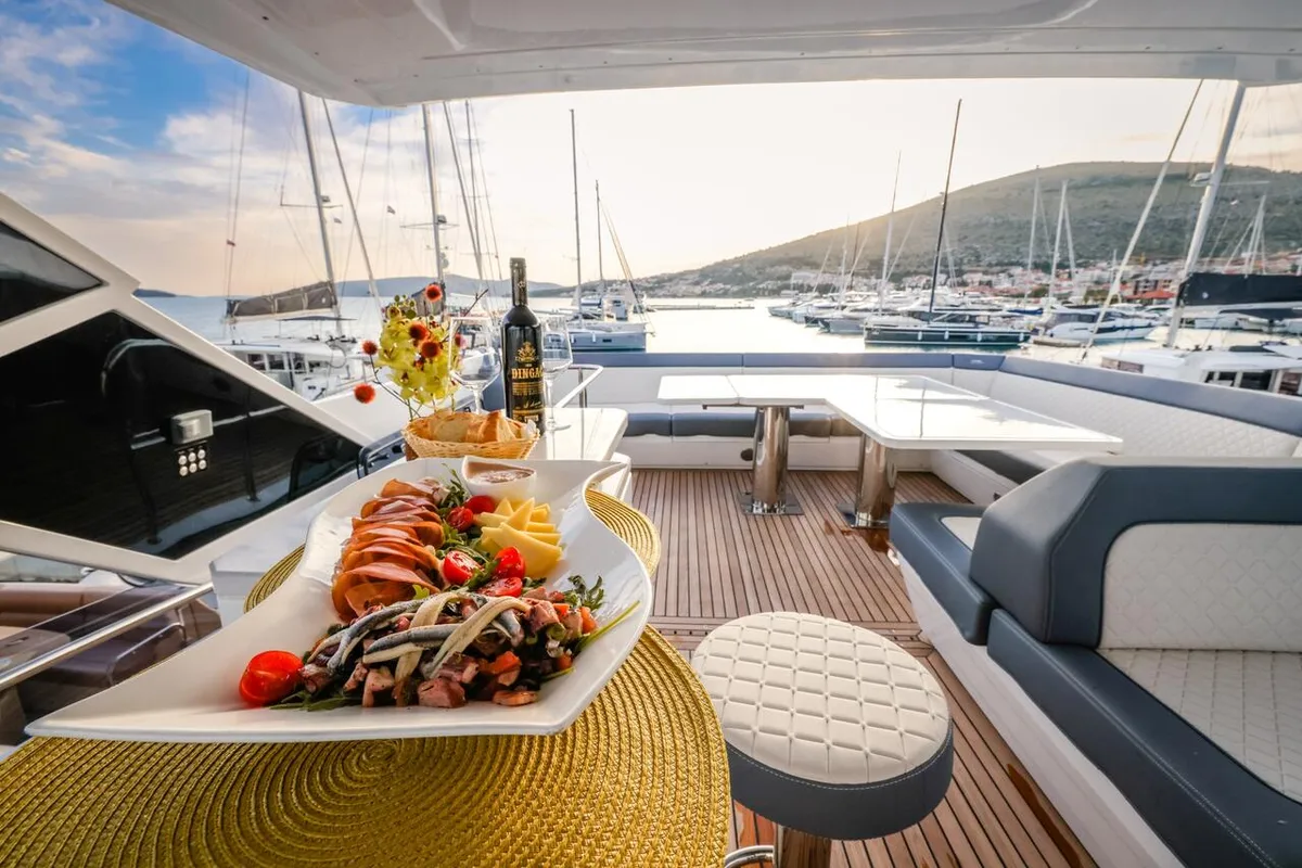 Deck of FGstar, a Galeon 640 Fly yacht at Seget Donji, Croatia