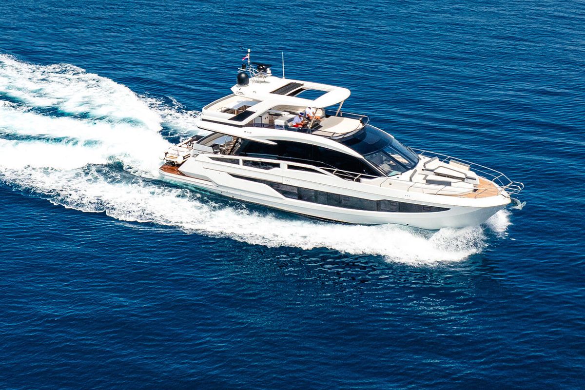 Exterior view of FGstar, a Galeon 640 Fly yacht at Seget Donji, Croatia
