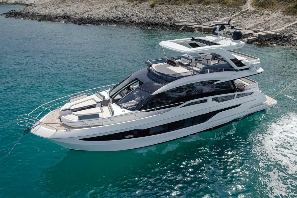 Exterior view of FGstar, a Galeon 640 Fly yacht at Seget Donji, Croatia