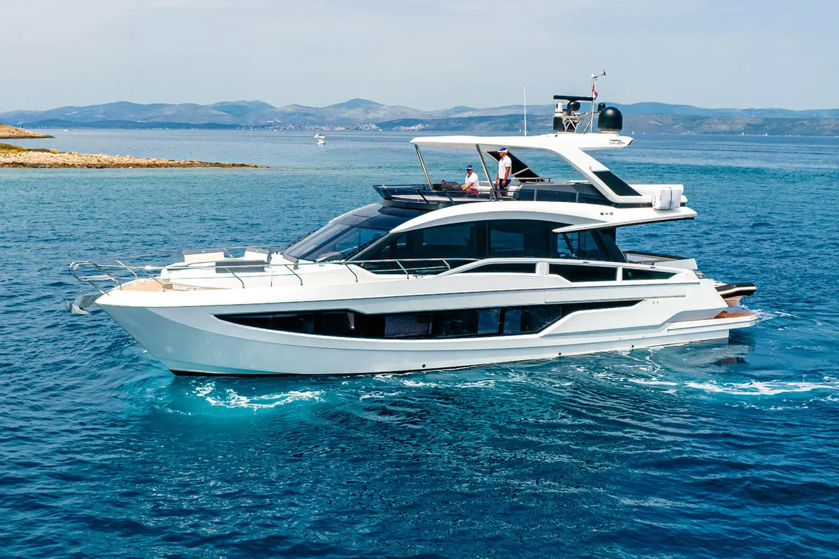 Exterior view of FGstar, a Galeon 640 Fly yacht at Seget Donji, Croatia