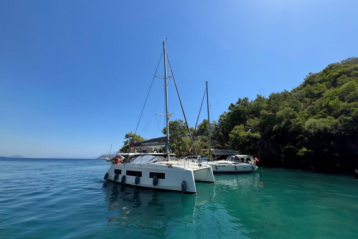 Exterior view of Pronto Sail, a Aventura Catamarans Aventura 37 catamaran at Fethiye, Turkey