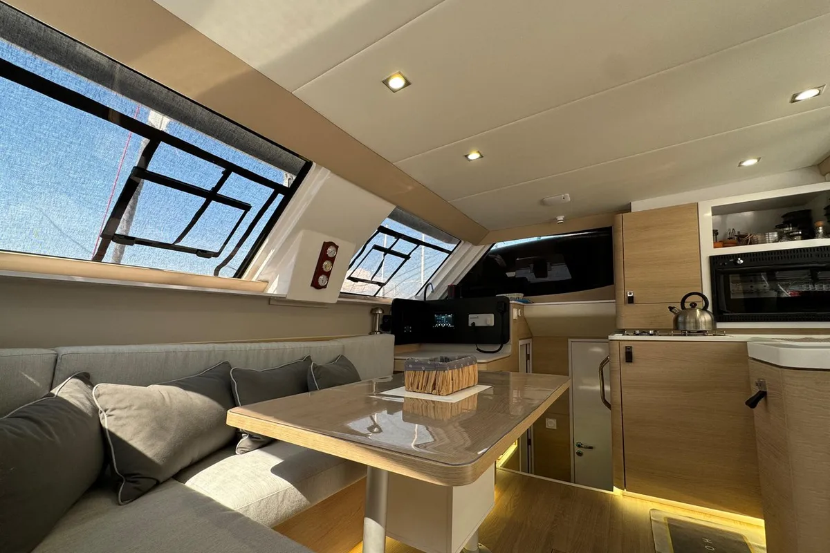 Salon of Pronto Sail, a Aventura Catamarans Aventura 37 catamaran at Fethiye, Turkey