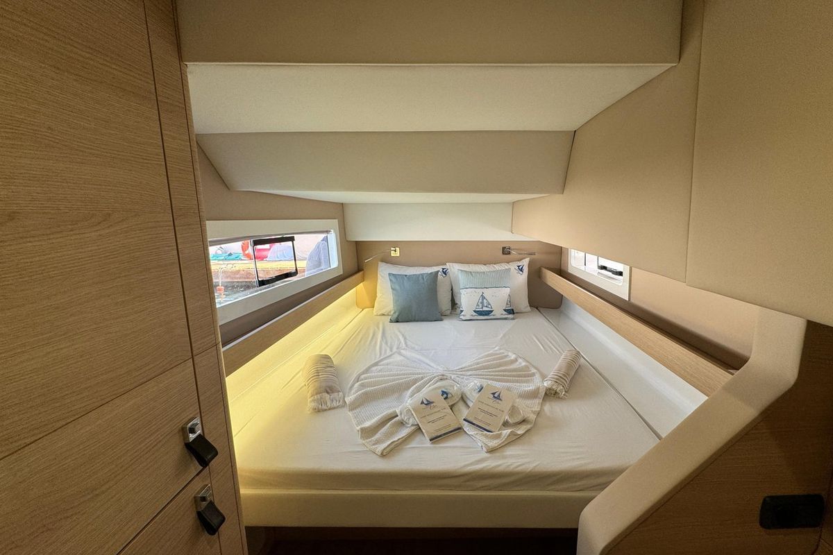 Cabin on Pronto Sail, a Aventura Catamarans Aventura 37 catamaran at Fethiye, Turkey