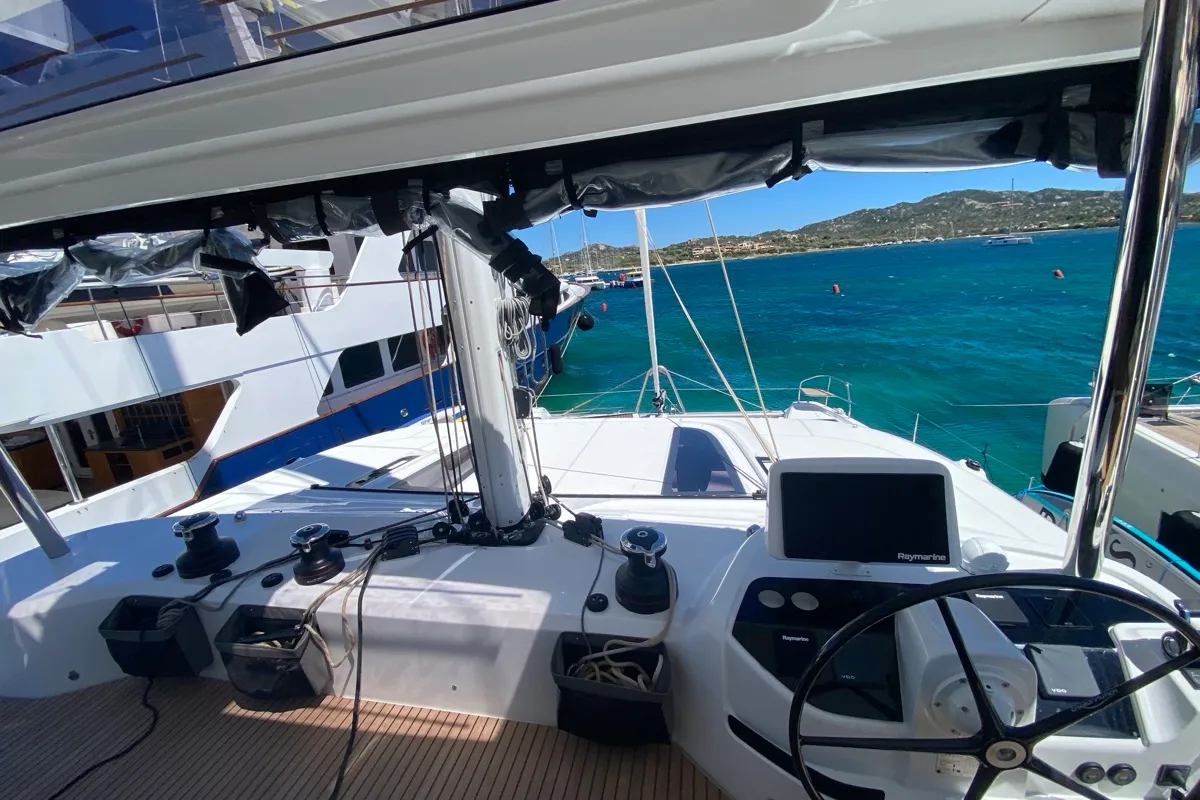 Cockpit of The Moon (GND), a Lagoon 55 catamaran at Grand Anse, Grenada
