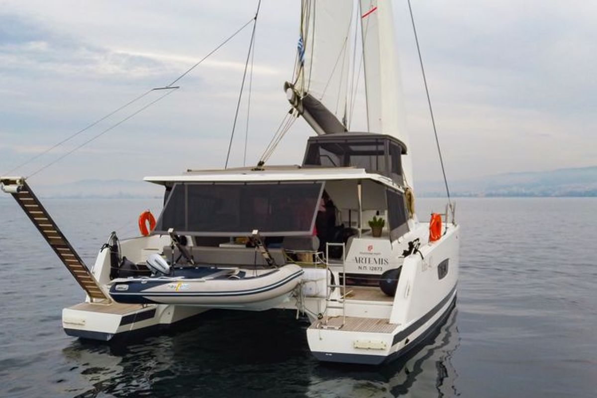 Exterior view of Lfk-Isla 40, a Fountaine Pajot Isla 40 catamaran at Municipal Unit of Lefkada, Greece