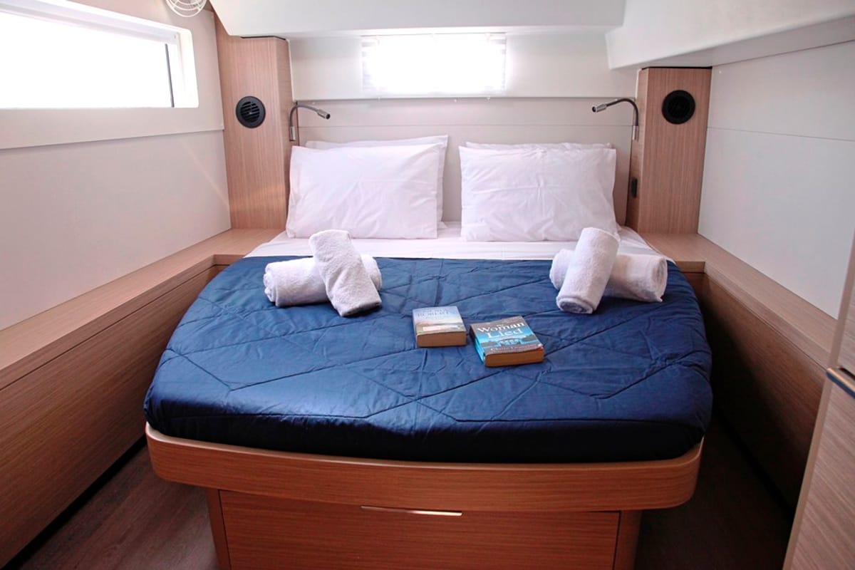 Cabin on Iris, a Lagoon 46 catamaran at Benitses, Greece
