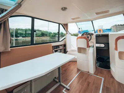 Cockpit of Allegro 1, a Nicols Confort 900 DP motorboat at Sablé-sur-Sarthe, France