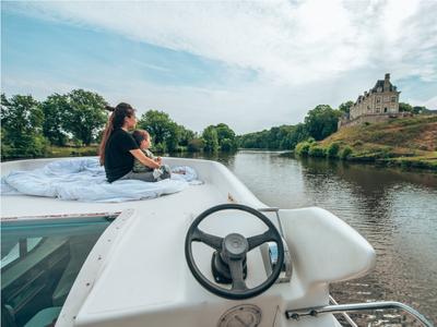 Deck of Allegro 1, a Nicols Confort 900 DP motorboat at Sablé-sur-Sarthe, France