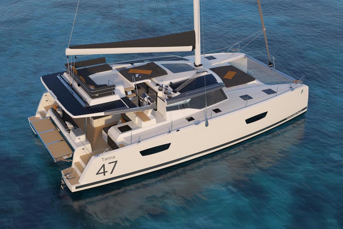 Exterior view of Helidoni, a Fountaine Pajot Tanna 47 catamaran at Volos Municipality, Greece