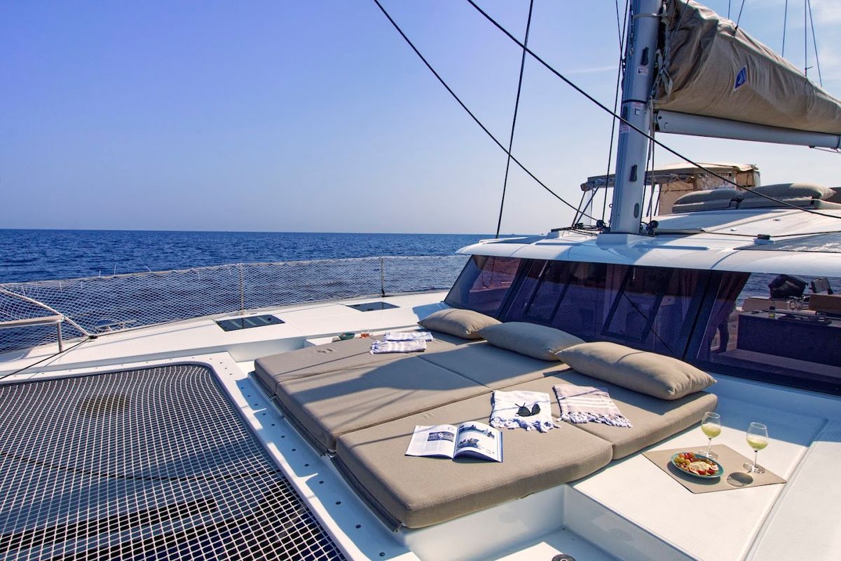 Deck of Helidoni, a Fountaine Pajot Tanna 47 catamaran at Volos Municipality, Greece