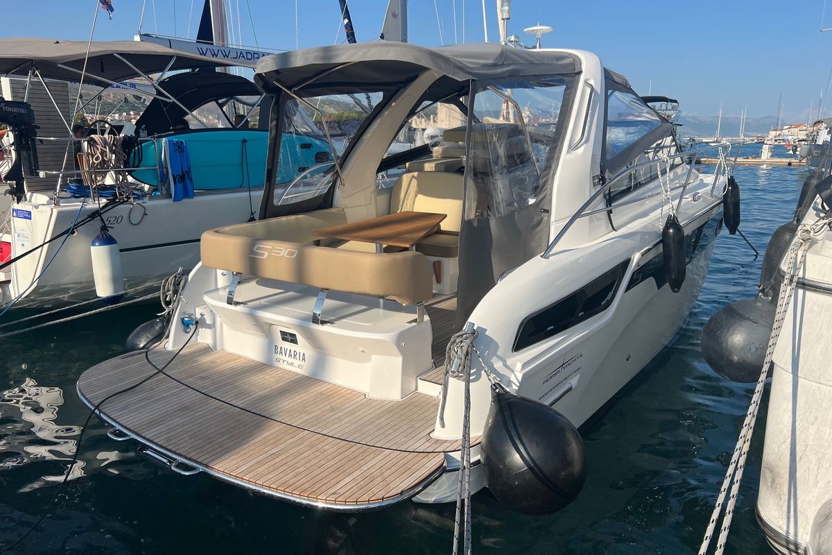 Deck of Lui, a Bavaria S30 motorboat at Grad Biograd na Moru, Croatia