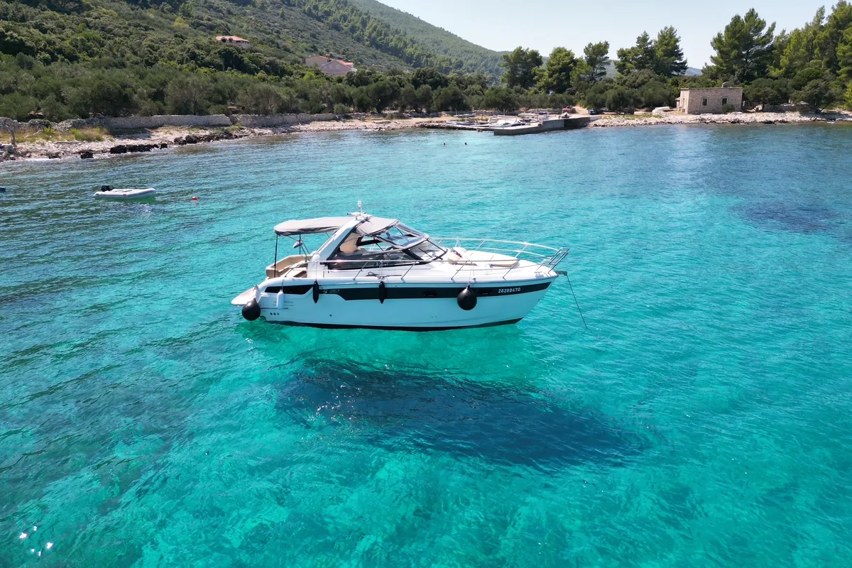 Exterior view of Lui, a Bavaria S30 motorboat at Grad Biograd na Moru, Croatia