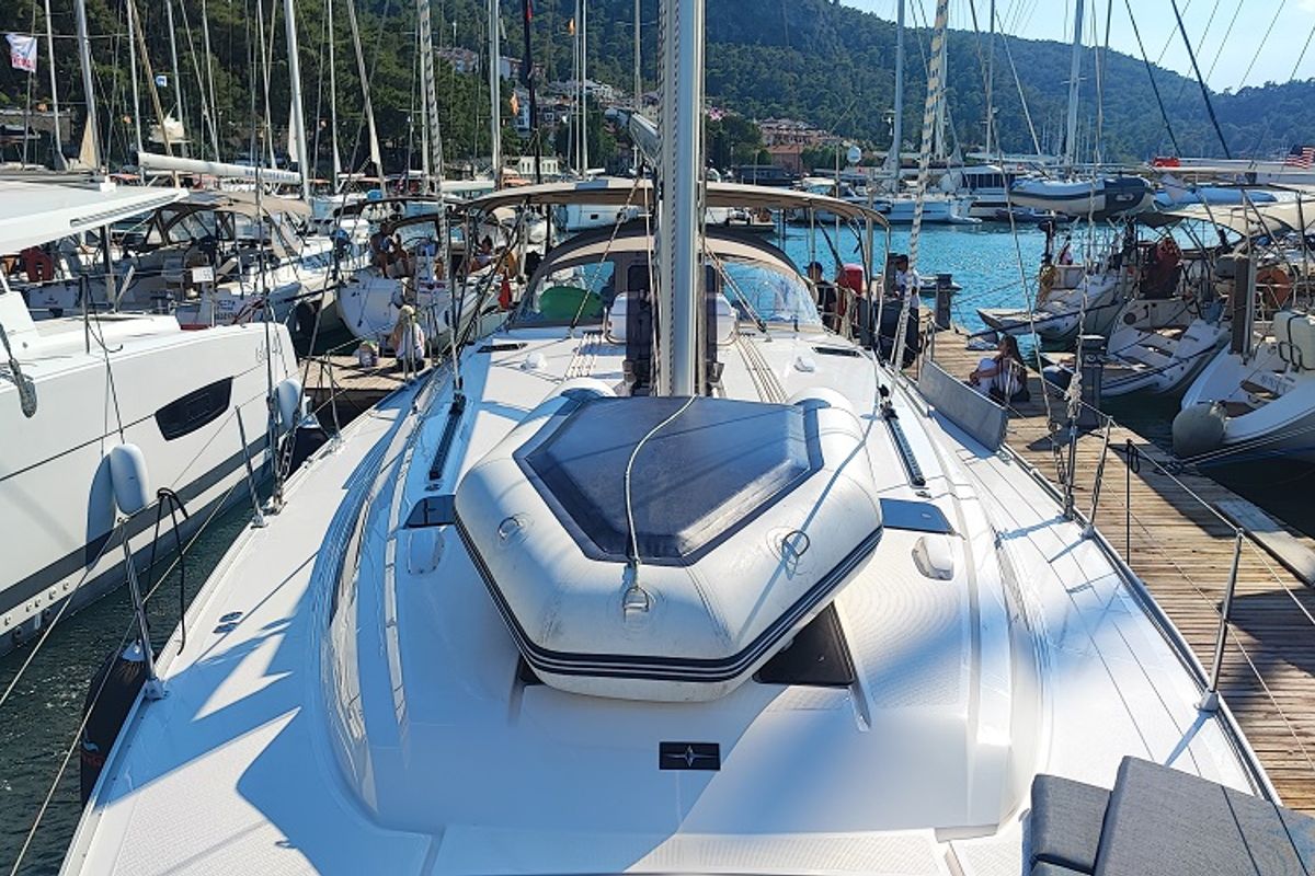 Deck of Seawalker, a Bavaria Cruiser 51 sailboat at Fethiye, Turkey