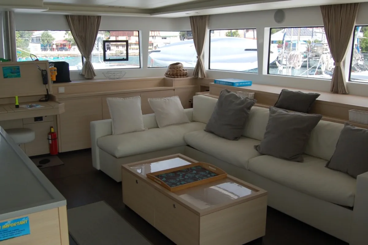 Salon of Cabin M06, a Lagoon 620 catamaran at Eden Island Marina, Seychelles