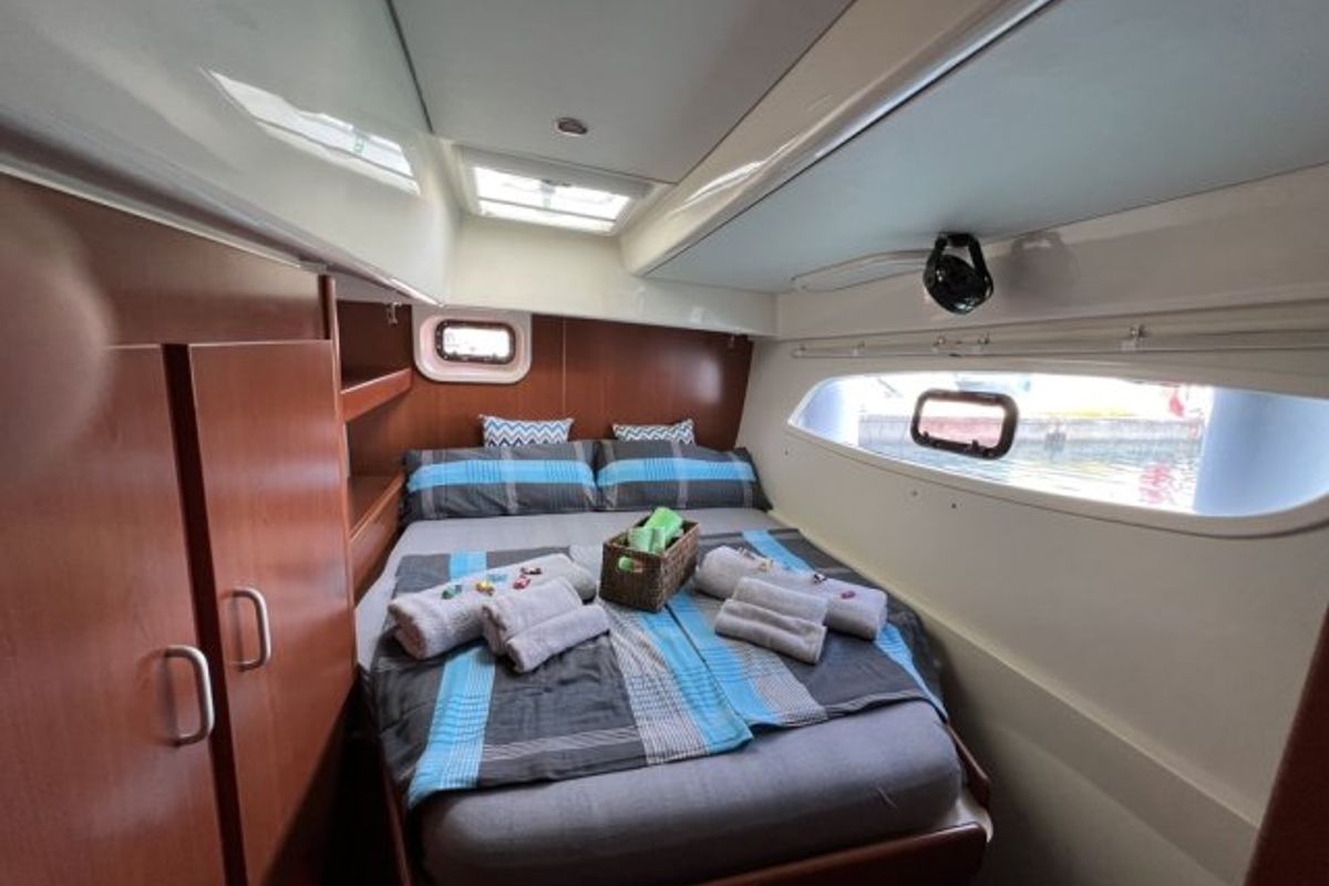 Cabin on Cecilia, a Leopard 44 catamaran at Corfu, Greece