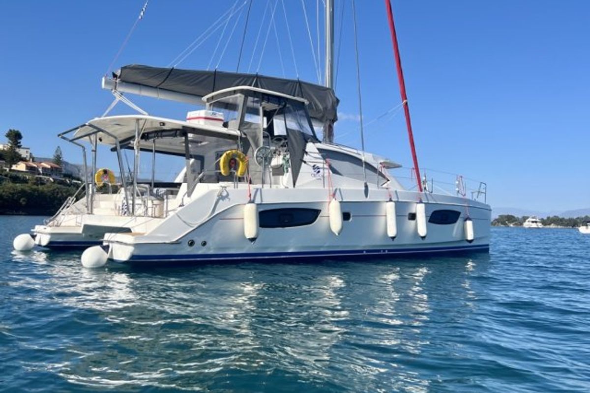 Exterior view of Cecilia, a Leopard 44 catamaran at Corfu, Greece