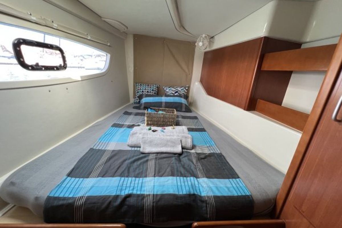 Cabin on Cecilia, a Leopard 44 catamaran at Corfu, Greece