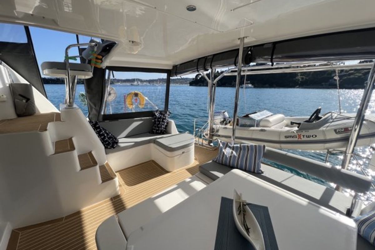 Deck of Cecilia, a Leopard 44 catamaran at Corfu, Greece