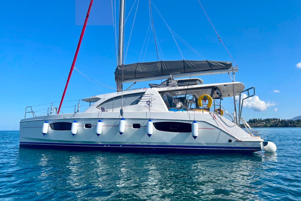 Exterior view of Cecilia, a Leopard 44 catamaran at Corfu, Greece