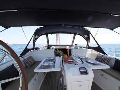 Cockpit of Jester, a Jeanneau Sun Odyssey 509 sailboat at Athens, Greece